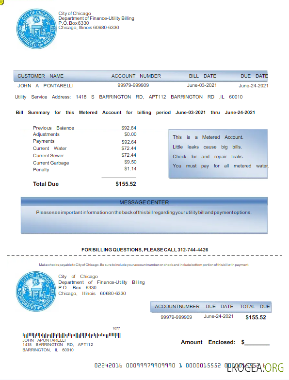 USA CITY OF CHICAGO utility bill Word and PDF template